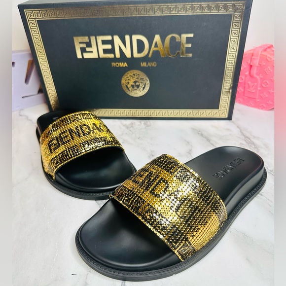 NEW! Versace X Fendi Fendace Collaboration Logo Metal Mesh Black Pool Slides - Picture 1 of 17